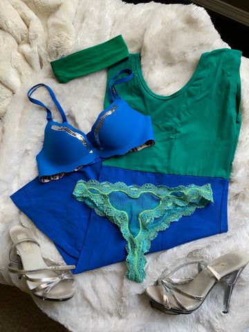 Blue & Green Outfit w/ Silver Heels
